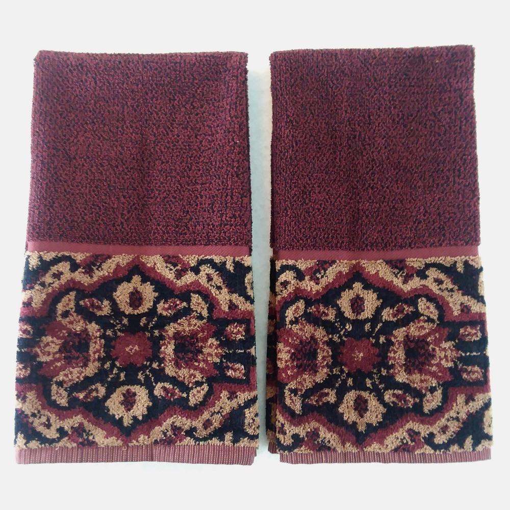 2 Vintage Ralph Lauren Brentford Border Burgundy‎ Hand Towels 100% Cotton NOS